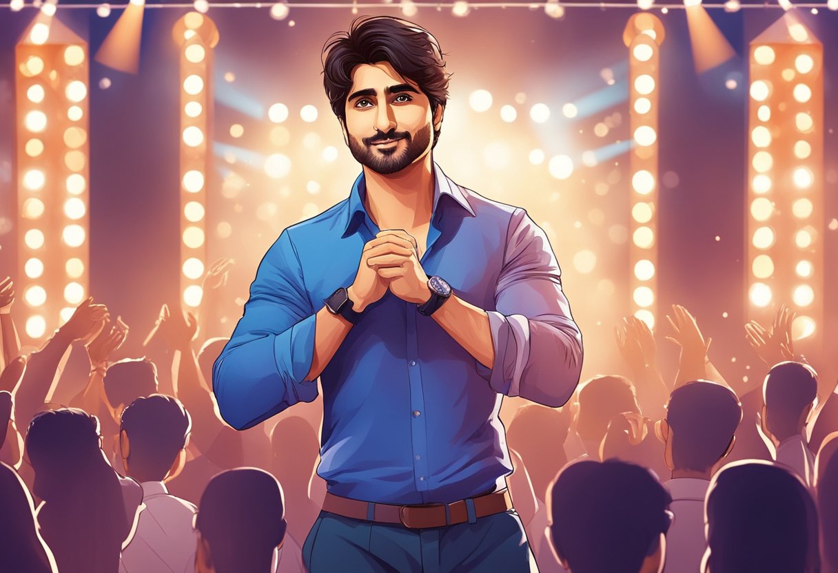 Harshad Chopda stands confidently on a stage, surrounded by bright lights and a cheering audience. His passion for acting shines through his expressive eyes and dynamic body language, captivating the attention of everyone in the room