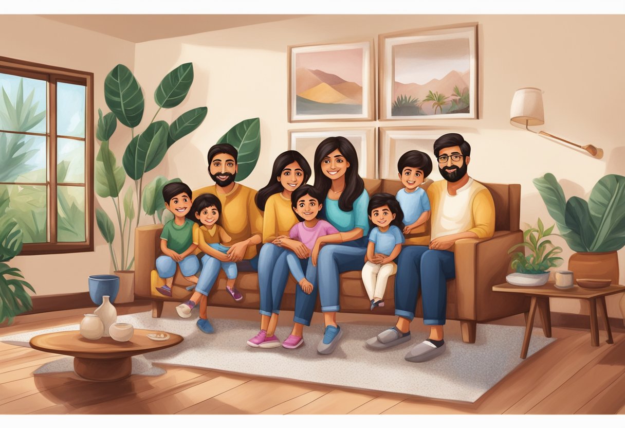 Shilpa Shetty's family portrait with husband, children, and parents in a cozy living room
