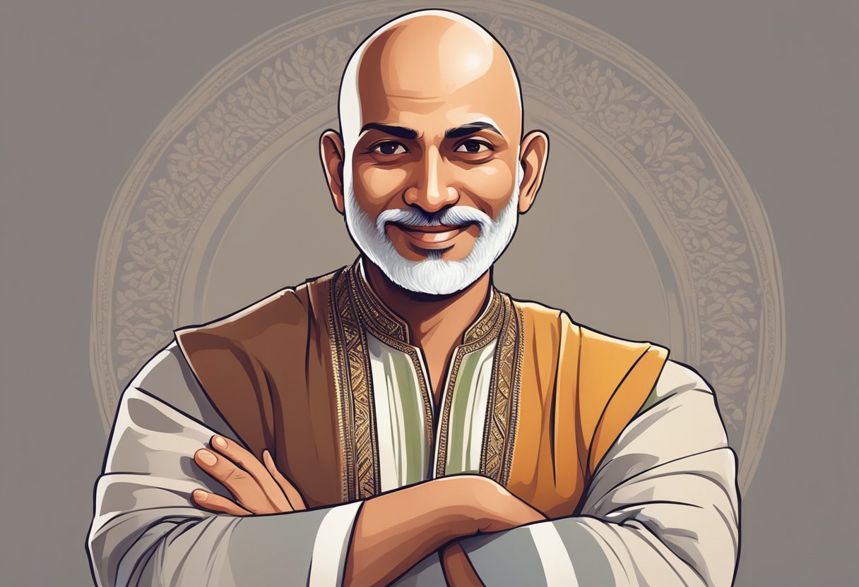 A smiling man with a bald head and expressive eyes, wearing traditional Indian attire, stands confidently with his arms crossed