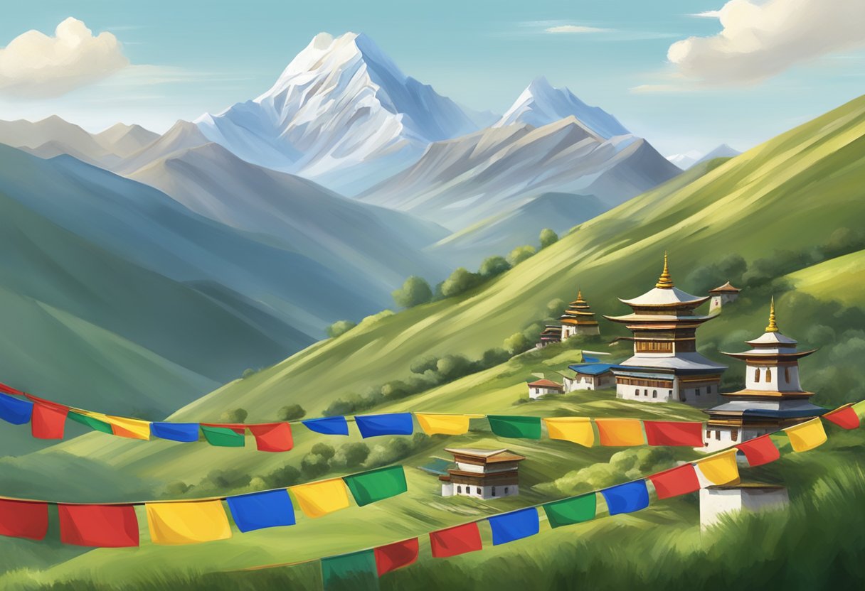 A serene mountain landscape with prayer flags fluttering in the wind, a traditional Tibetan home nestled among green hills, and a peaceful atmosphere