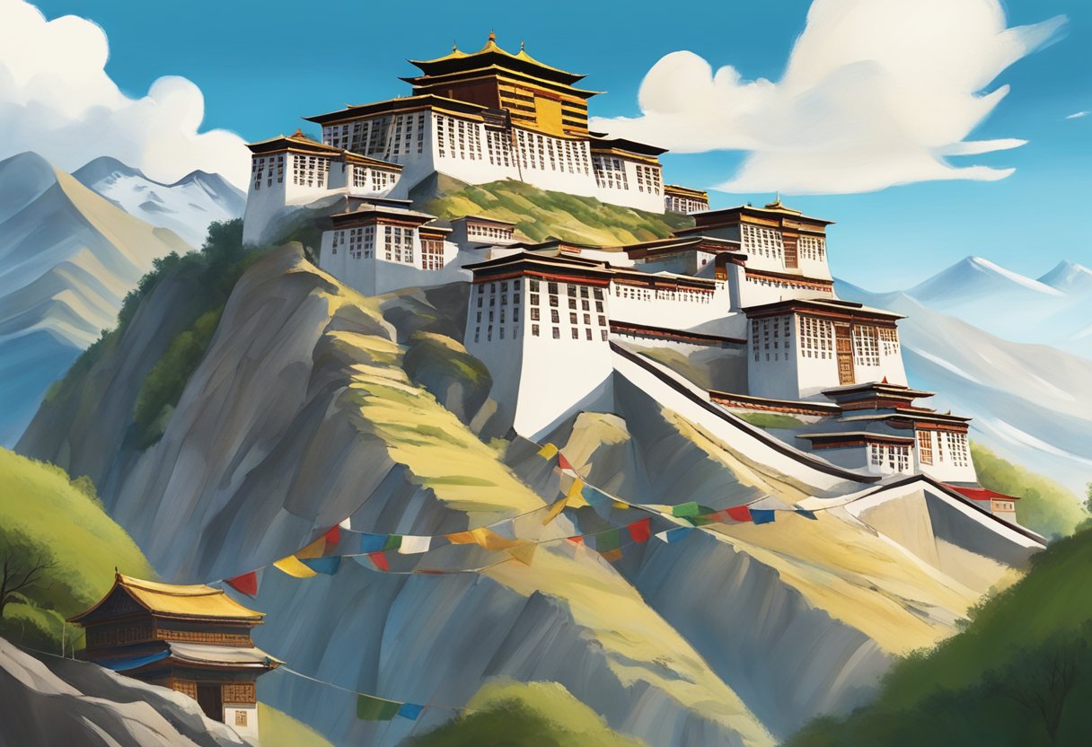 A serene mountain landscape with prayer flags fluttering in the wind, a traditional Tibetan home nestled among the hills, and a clear blue sky overhead