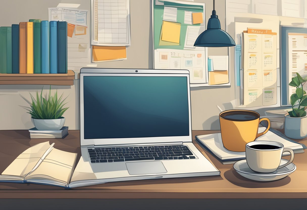 A cluttered desk with a laptop, books, and a mug of coffee. A calendar on the wall with marked dates. A diploma hanging on the wall