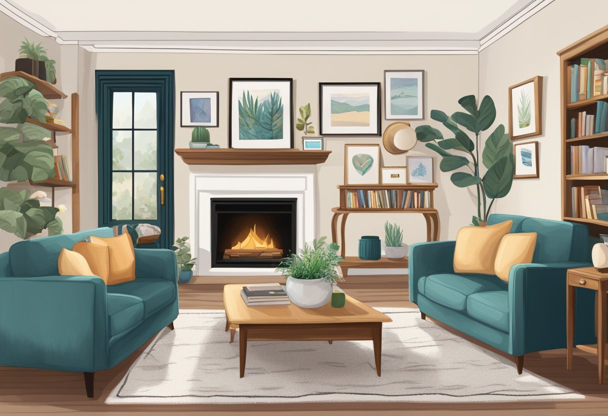 A cozy living room with family photos on the wall, a wedding portrait on the mantel, and a bookshelf filled with personal mementos and favorite reads