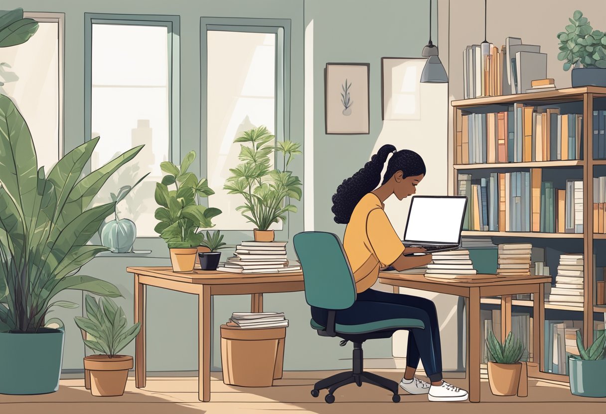 A young woman sits at a desk surrounded by books and papers, typing on a laptop. A photo of her family and a small plant sit on the desk