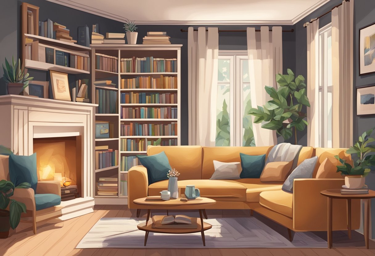 A cozy living room with family photos on the wall, a bookshelf filled with novels, and a comfortable sofa with a blanket draped over it