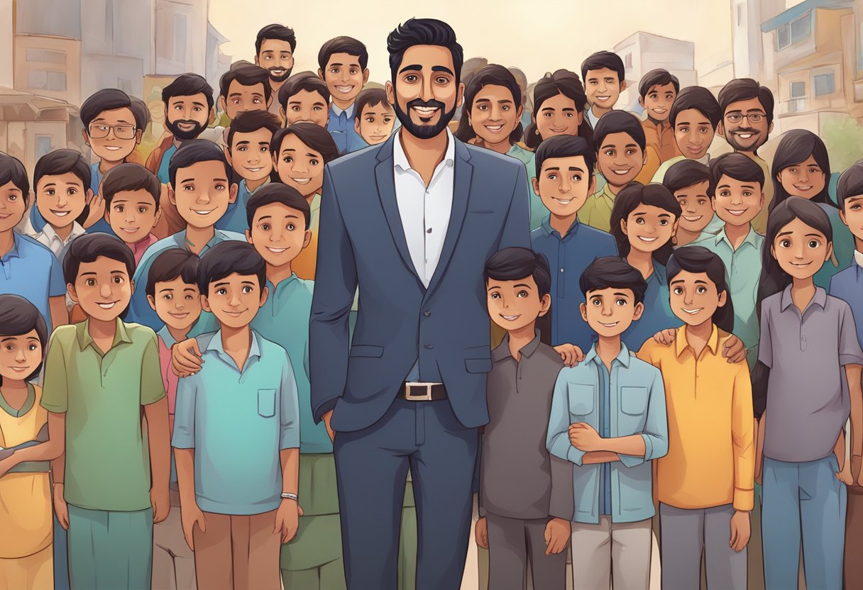 Abhishek Malhan (Fukra Insaan) stands tall, with a confident smile. His family surrounds him, showing support and love. His career success is evident in the background