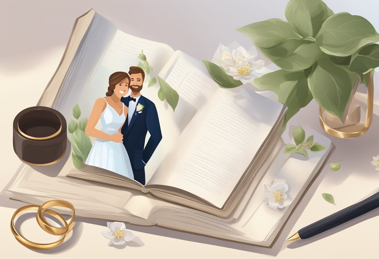A serene background with a family photo album, a wedding ring, and a biography book on a table