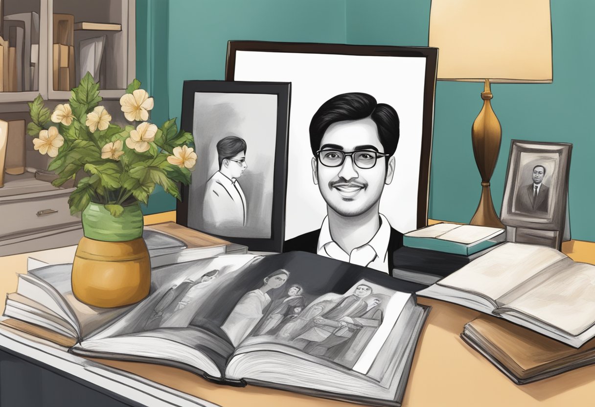 Kunal Thakur's personal interests displayed on a table with a family portrait and biography book