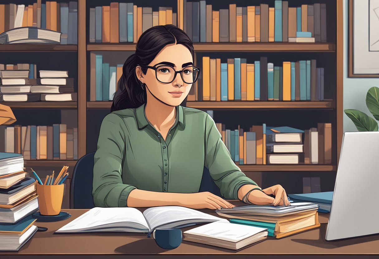 A young woman sits at a desk surrounded by books and a laptop. She is focused on her studies, with determination in her eyes. A family photo sits on the desk, showing her strong bond with her loved ones