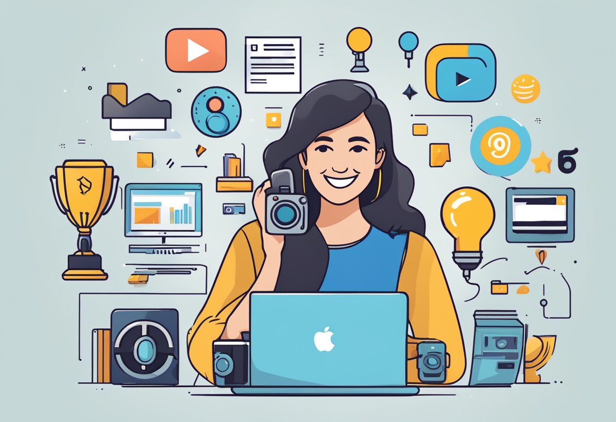 Kirti Mehra's achievements: YouTube logo, play button, camera, laptop, awards, subscriber count, social media icons, microphone, and a happy expression