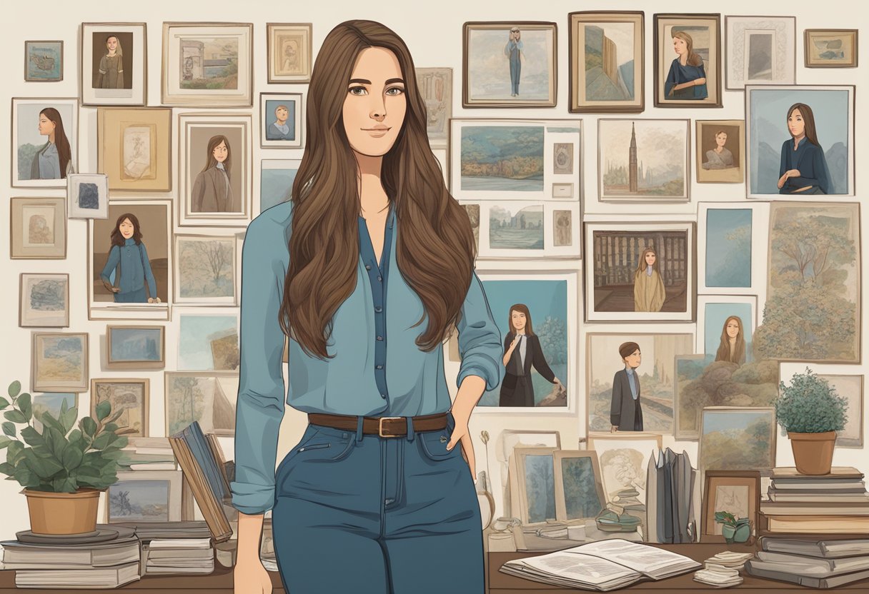 A tall woman with long hair, surrounded by family photos and mementos, stands confidently