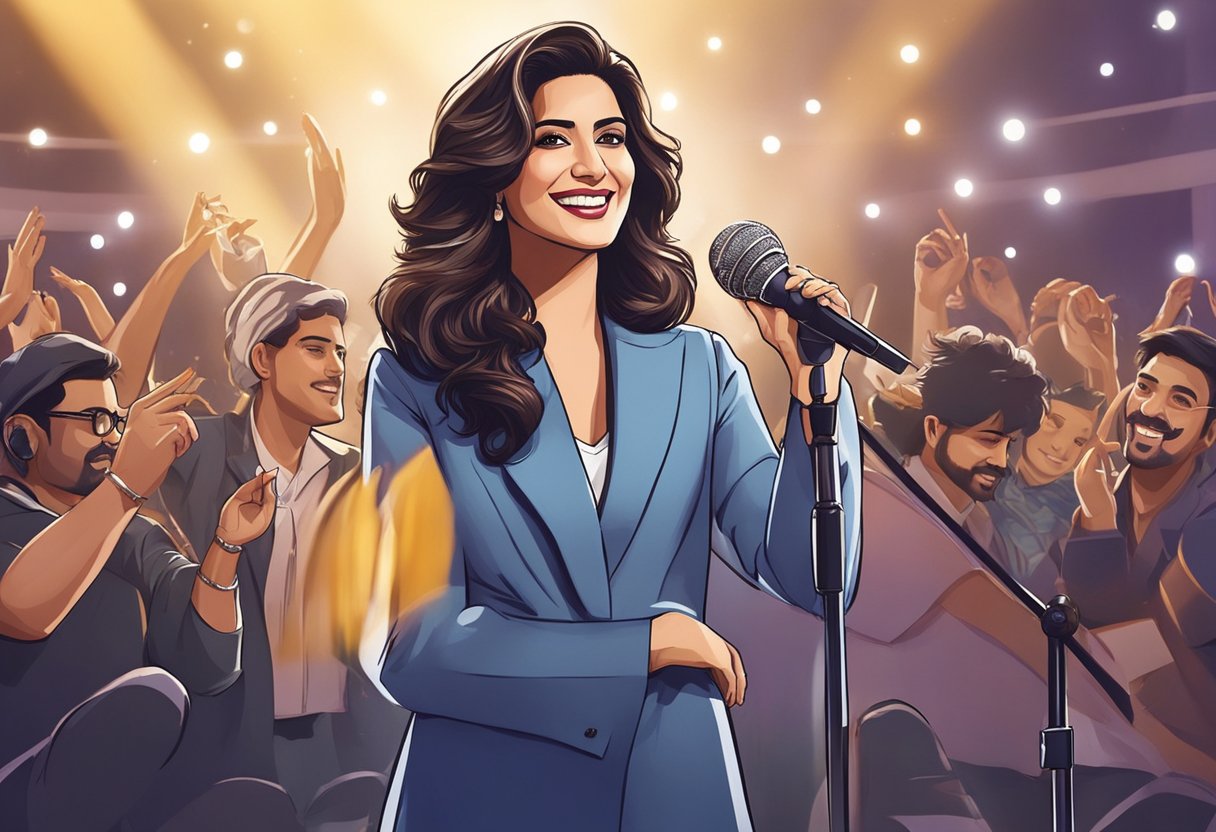 Karishma Tanna's career in entertainment portrayed through a spotlight on her achievements, with a microphone and stage set in the background