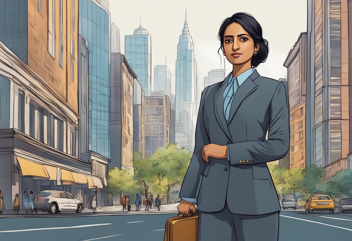 Radhika Merchant stands confidently, surrounded by a bustling cityscape, with a determined expression on her face, holding a briefcase and wearing professional attire