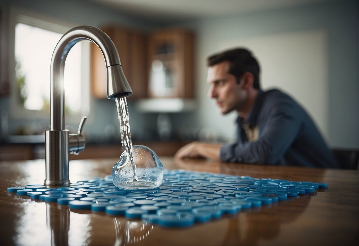 A puzzled person staring at a high water bill, with a leaking faucet and a dripping pipe in the background