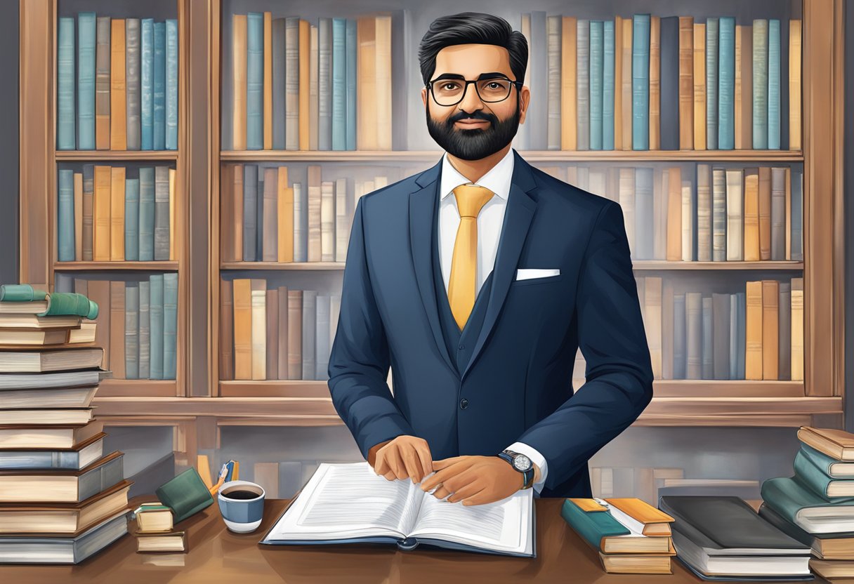Vikas Thapar stands tall with a confident demeanor, exuding a sense of intelligence and sophistication. His background and education are highlighted through subtle visual cues, such as books and academic certificates displayed in the background