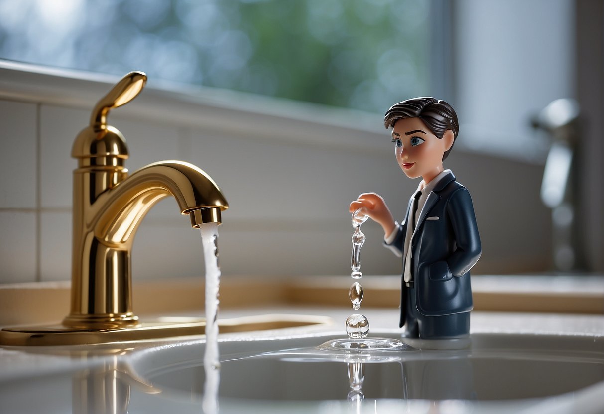 A person looks at a high water bill with a puzzled expression, while a faucet drips in the background