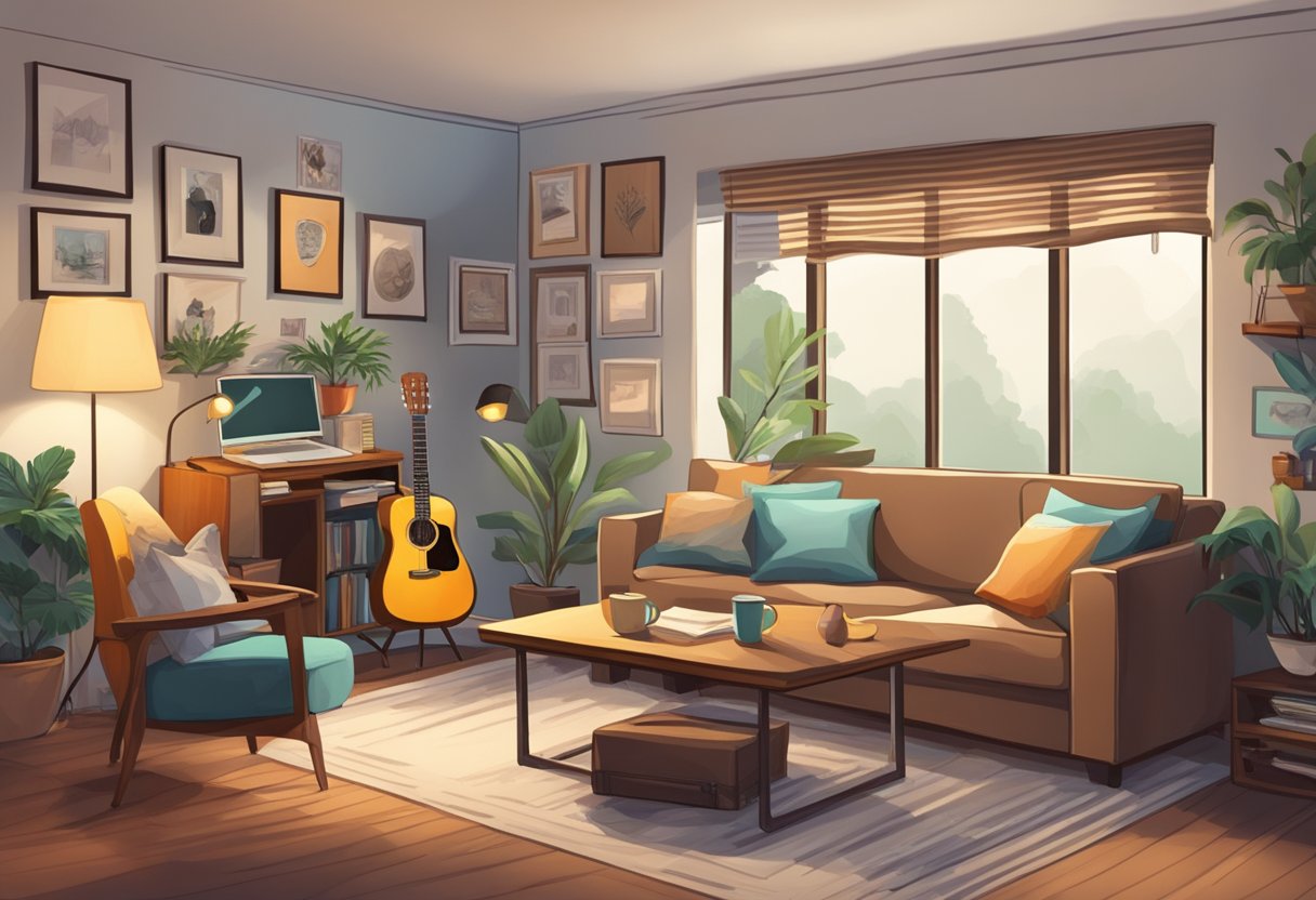 A cozy living room with family photos on the walls, a guitar resting in the corner, and a desk cluttered with music sheets and a laptop
