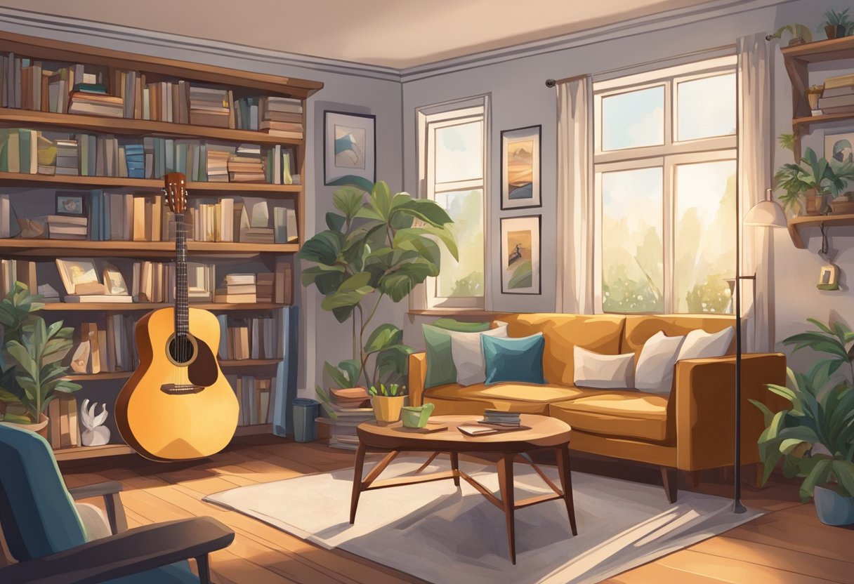 A cozy living room with family photos on the walls, a guitar resting in the corner, and a shelf filled with books and mementos