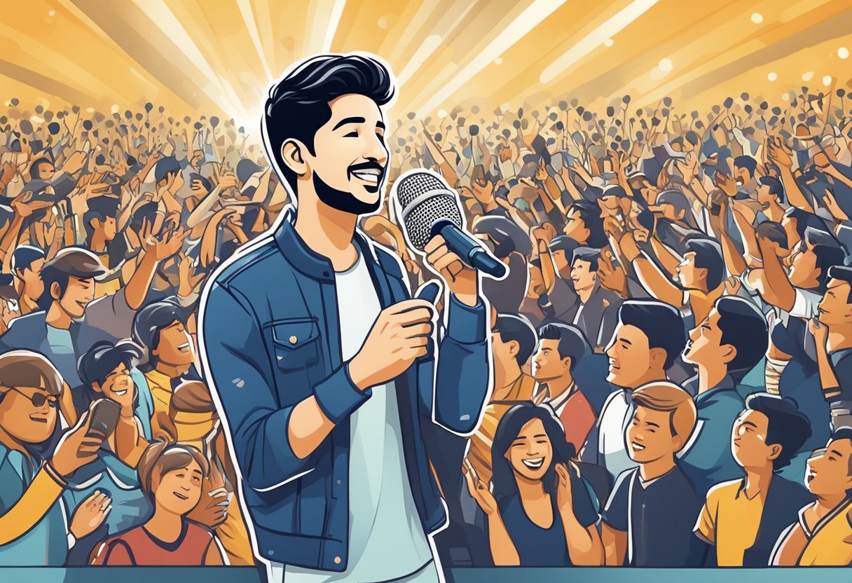 A spotlight shines on a microphone surrounded by adoring fans. Social media icons and headlines about Darshan Raval's influence fill the background