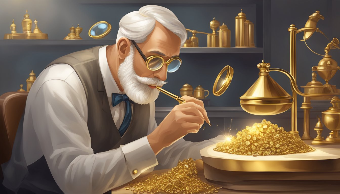 A jeweler carefully measures and inspects the gold fineness with a magnifying glass, ensuring its purity and quality