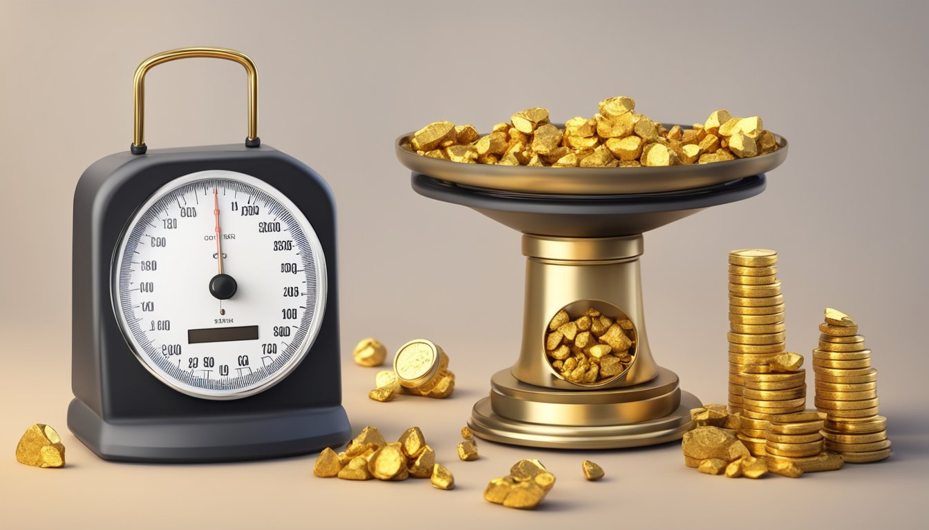 A scale measures gold fineness with a pile of gold nuggets and a set of weights nearby
