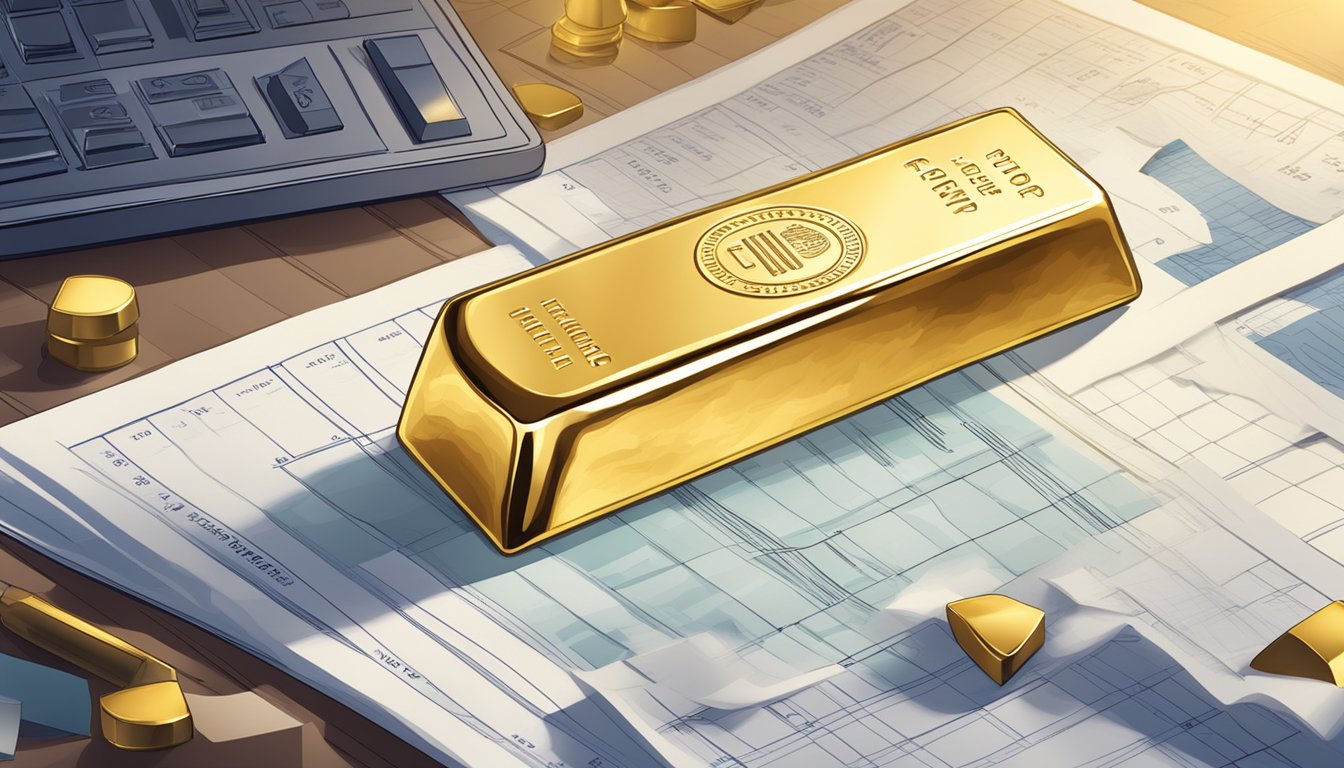 A shining gold bar stamped with its fineness rating, surrounded by financial charts and investment documents