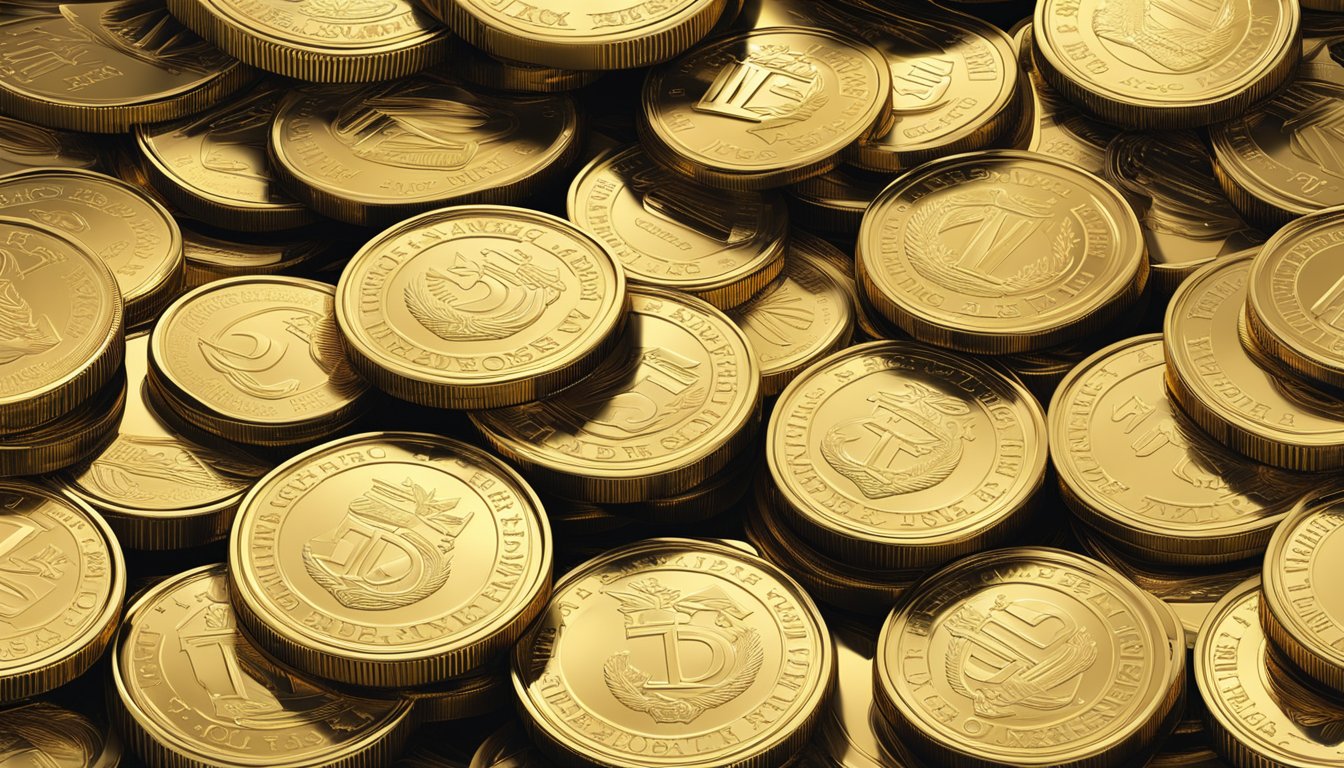 A gleaming stack of gold coins, each stamped with the mark of its high fineness, arranged on a polished surface