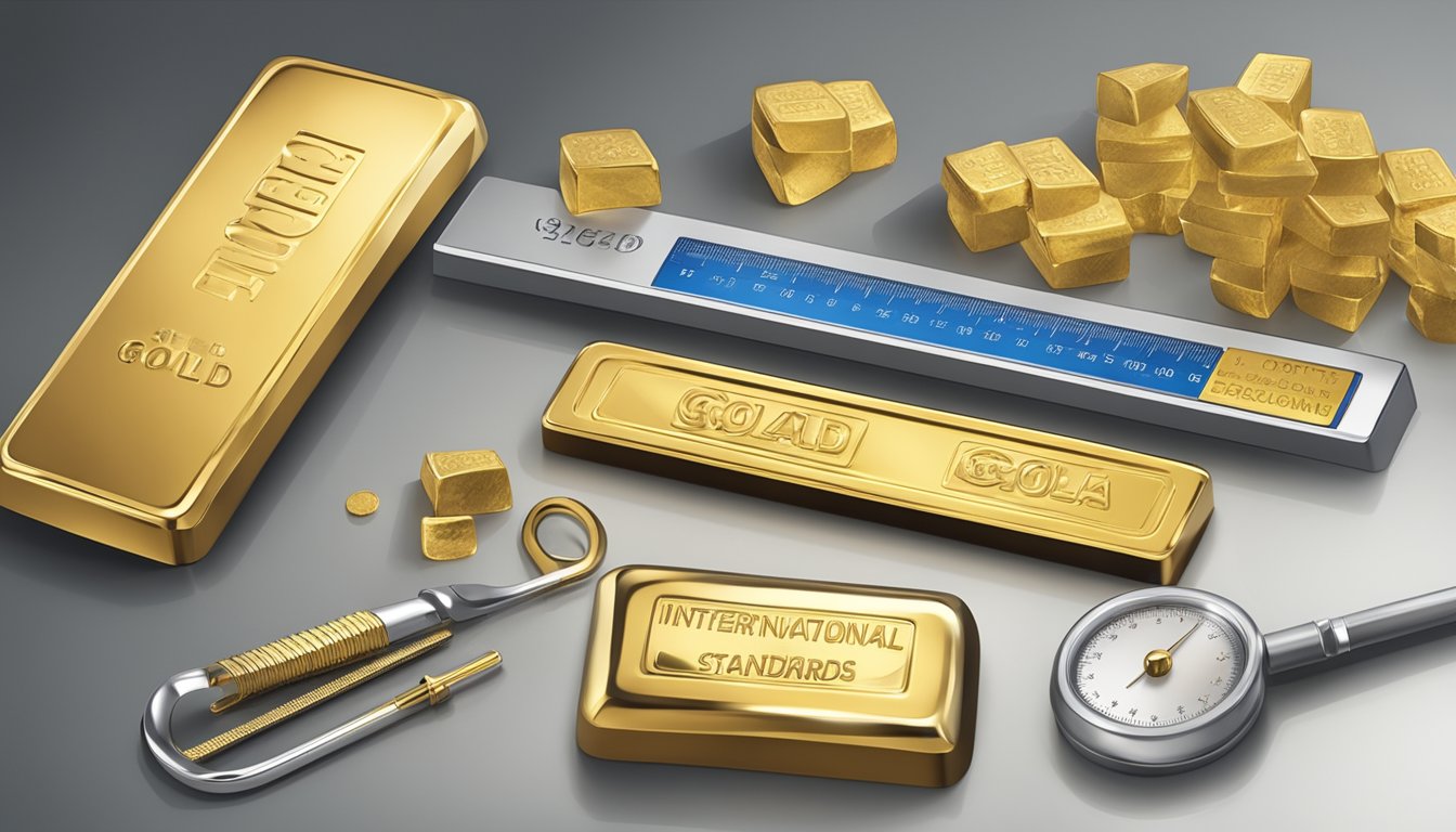 A gleaming gold bar with "International Gold Standards" stamped on it, alongside a scale and measuring tools for fineness