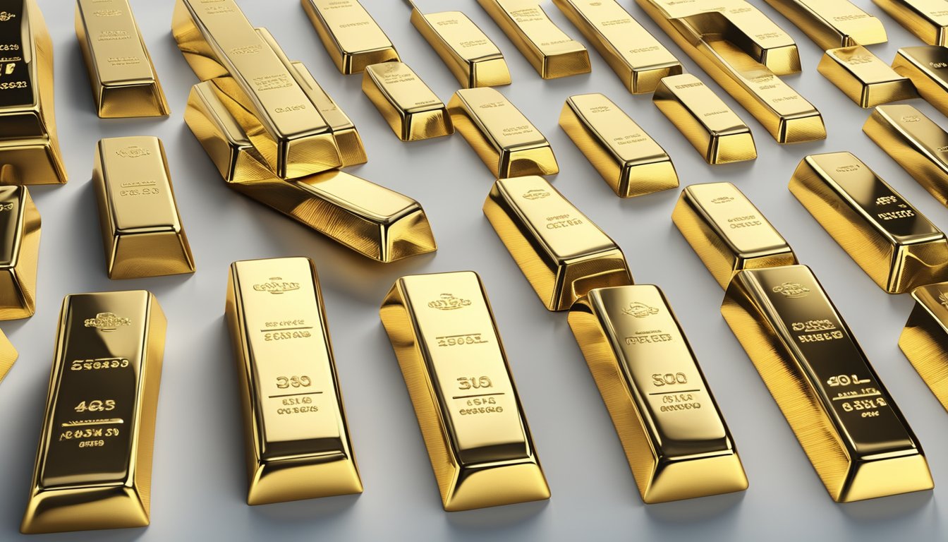 An array of gold bars of varying fineness, from 24 karat to lower purity, displayed on a sleek, modern surface