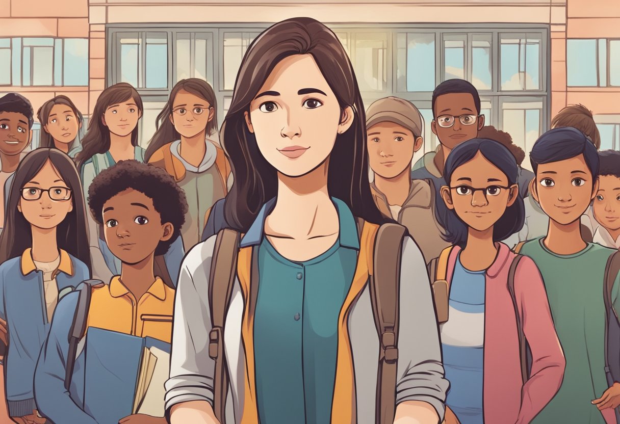 A young woman stands in front of a school, books in hand, with a determined look on her face. She is surrounded by a supportive family and friends, symbolizing her early life and education journey