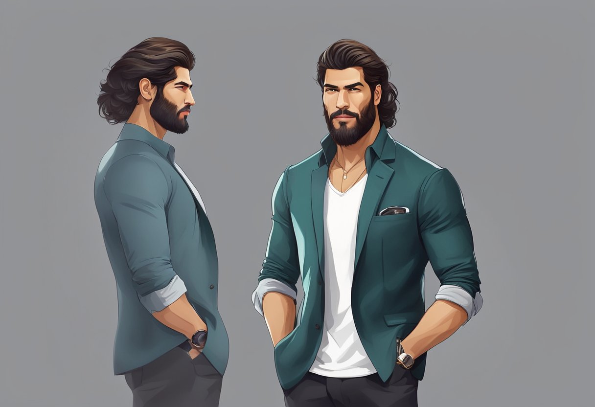 Can Yaman's public persona depicted with a confident stance, exuding charisma. A stylish and charismatic figure, exuding confidence and charm