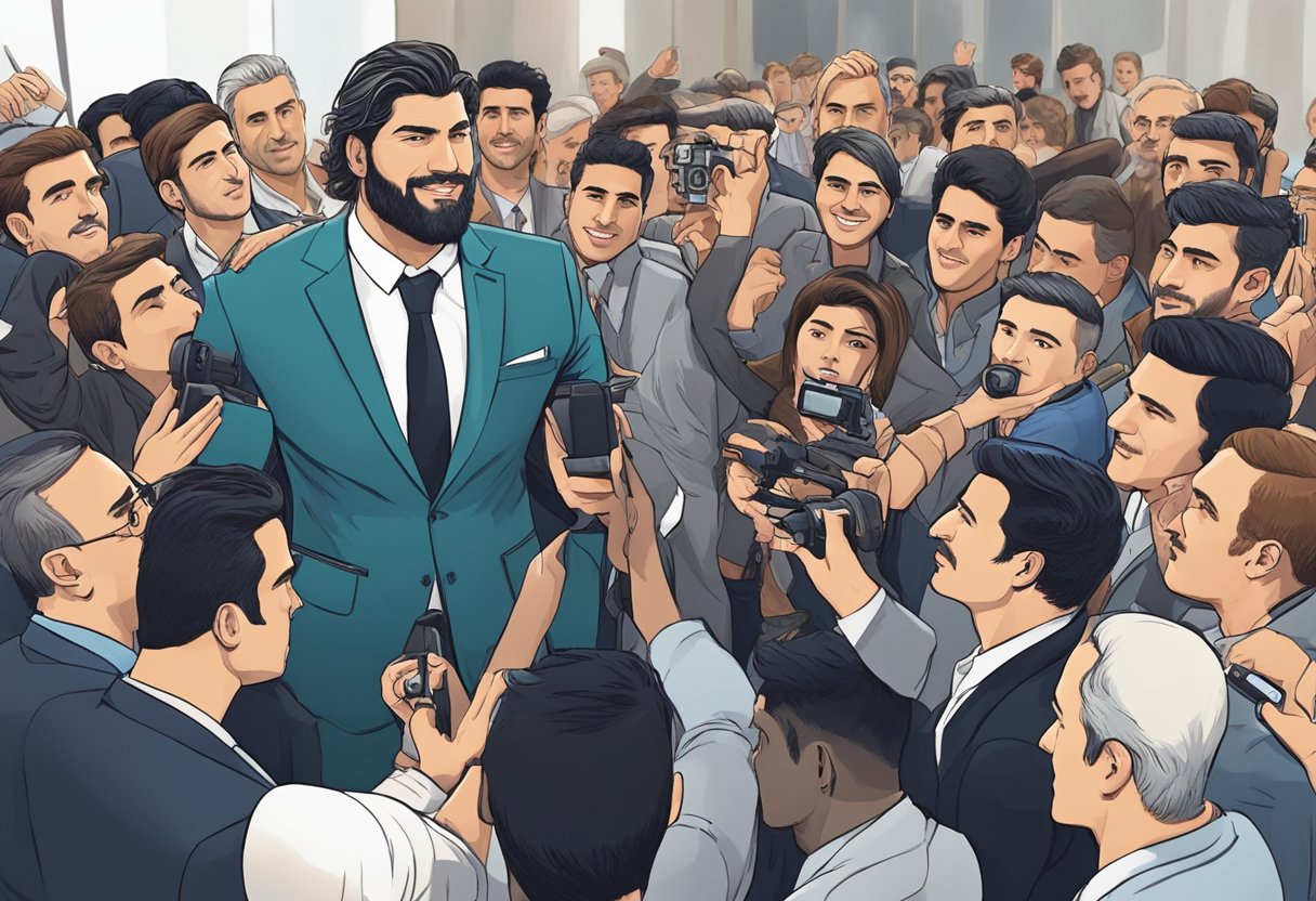 Can Yaman's press and public interactions are depicted in a crowded room with reporters and cameras surrounding him. He stands confidently, engaging with the crowd