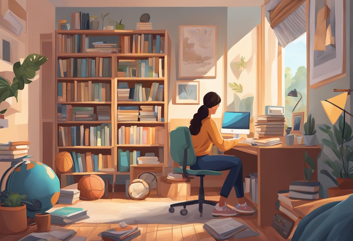 A young woman's personal interests are displayed through objects like books, sports equipment, and artwork in her cozy room