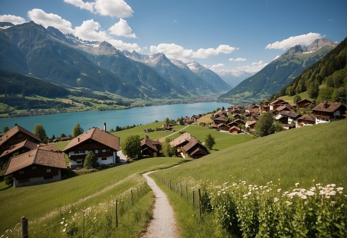 A scenic Swiss landscape with mountains, lakes, and charming villages
