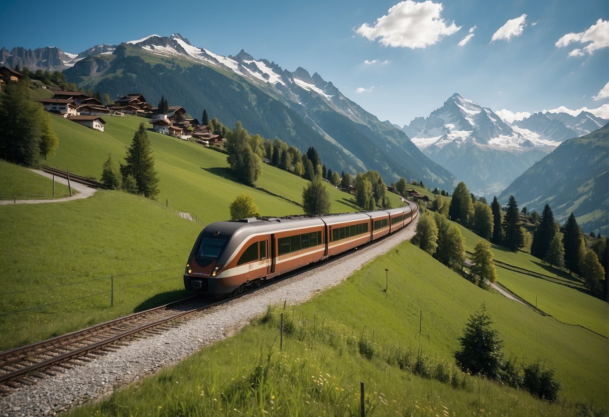 A train traveling through the Swiss Alps, passing by picturesque villages and lush green meadows, with snow-capped mountains in the distance