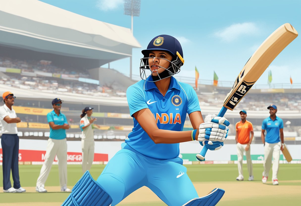 Harmanpreet Kaur in cricket gear, poised to hit a ball, with family and fans cheering in the background