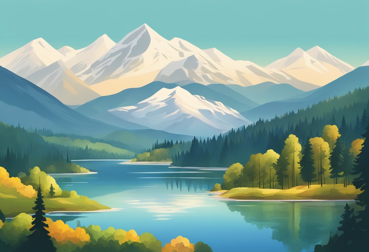 A scenic mountain range overlooks a serene lake, surrounded by lush forests and a quaint town, with snow-capped peaks in the distance