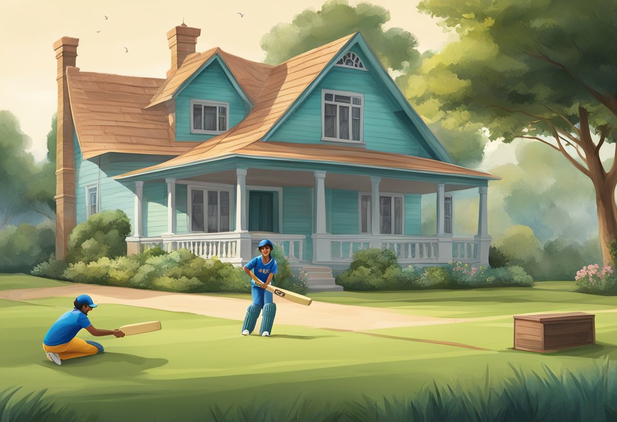 Harmanpreet Kaur's childhood home, with a cricket bat and ball lying on the grass, surrounded by a supportive family