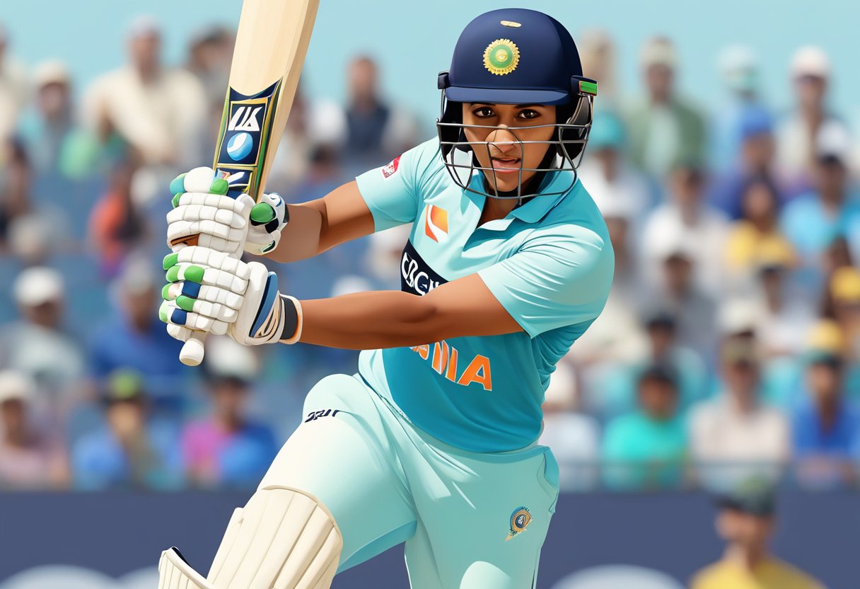 Harmanpreet Kaur in cricket action, bat raised, eyes focused, ready to hit the ball. Family and fans cheering in the background
