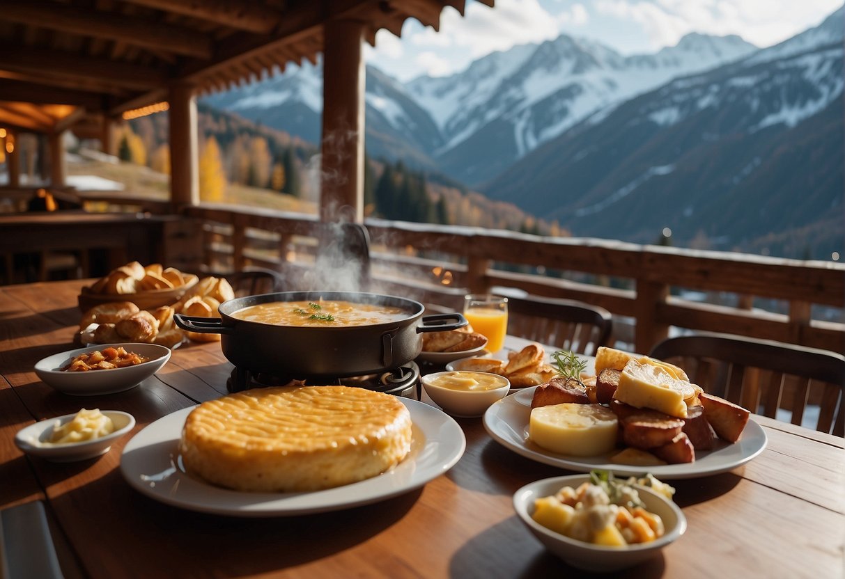 A table set with fondue, raclette, and rosti, surrounded by snowy mountains and cozy chalets