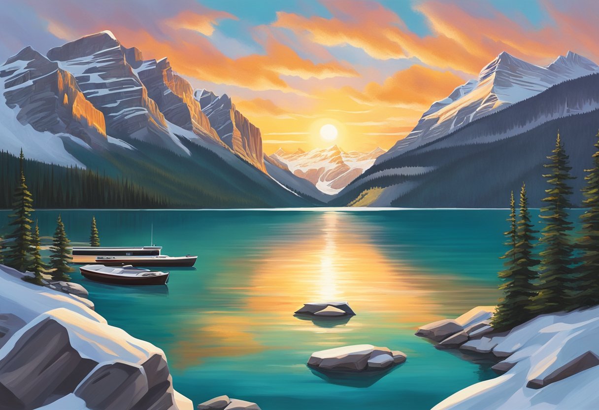 The sun sets behind the majestic Rocky Mountains, casting a warm glow over the turquoise waters of Lake Louise. Snow-capped peaks surround the serene scene, creating a picturesque setting for visitors to Banff