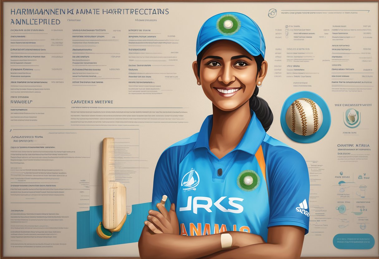 Harmanpreet Kaur's cricket achievements and records displayed on a wall plaque with her name, achievements, and a cricket bat and ball