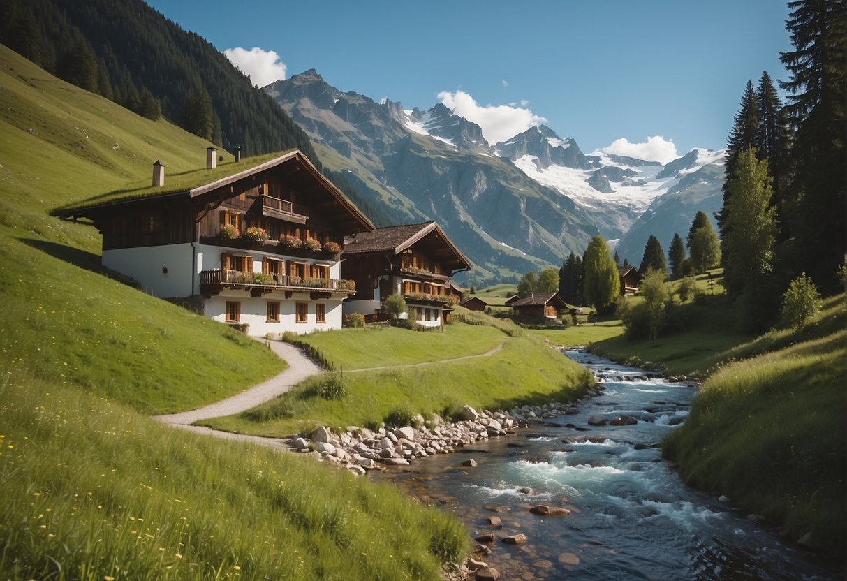 A Swiss chalet nestled in the snow-capped Alps, surrounded by lush green meadows and grazing cows. A traditional wooden bridge crosses a crystal-clear mountain stream