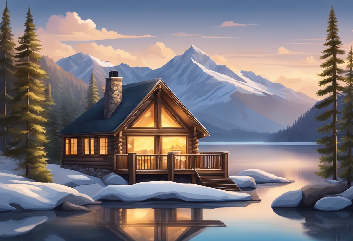 A cozy cabin nestled among snow-capped mountains, with a clear view of a pristine lake and a warm fireplace inside