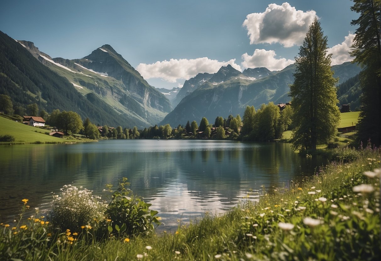 A serene Swiss landscape with mountains, a peaceful lake, and lush greenery, with safety signs and health precautions subtly integrated into the environment