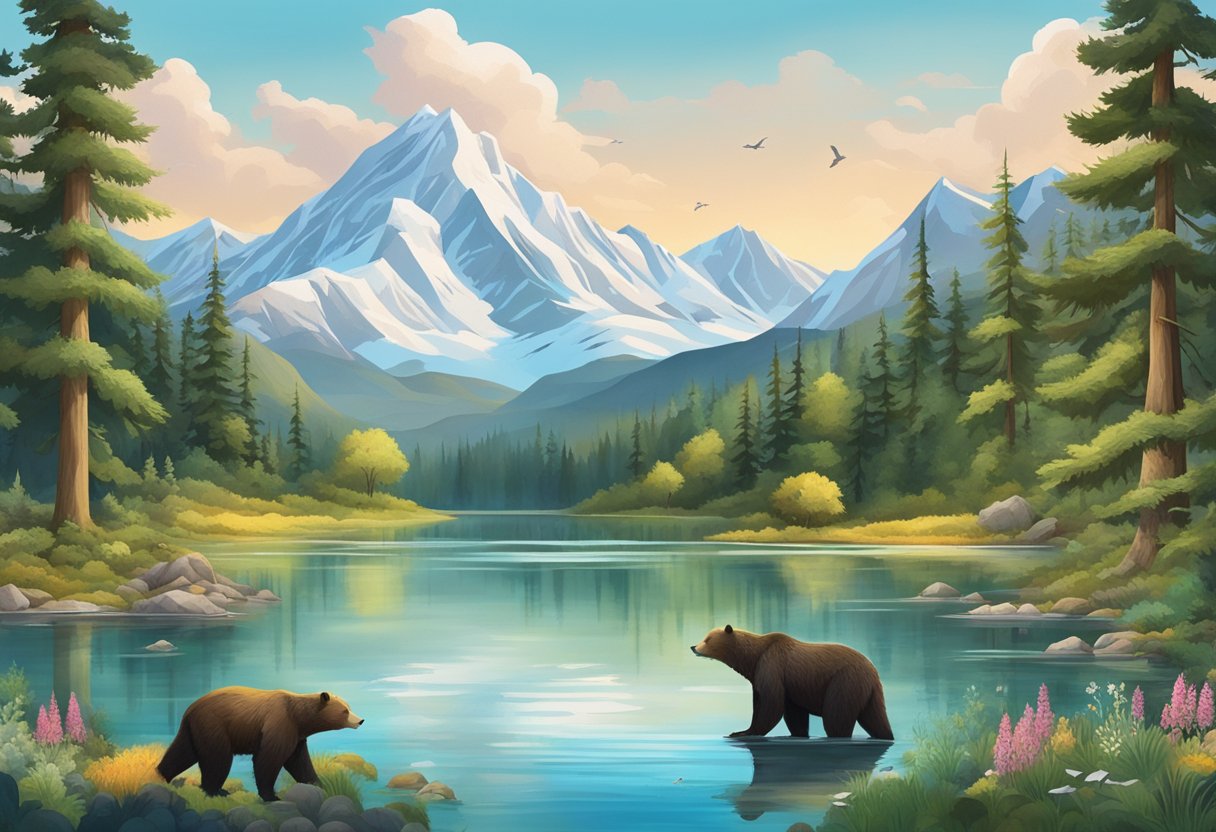 Lush forest with diverse wildlife, including bears, deer, and birds. Snow-capped mountains in the background with a crystal-clear lake in the foreground