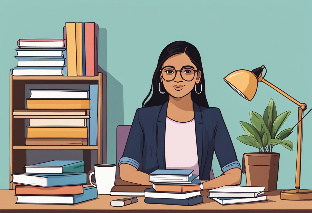Aishwarya Prabhu's biography: a stack of books, a laptop, and a family photo on a desk