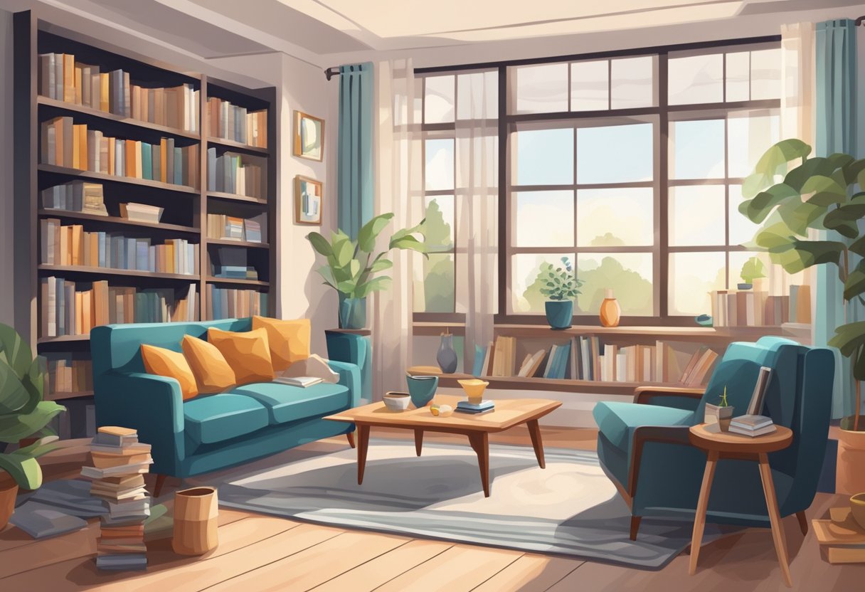 A peaceful living room with family photos and personal mementos. A bookshelf filled with favorite novels and a cozy armchair by the window