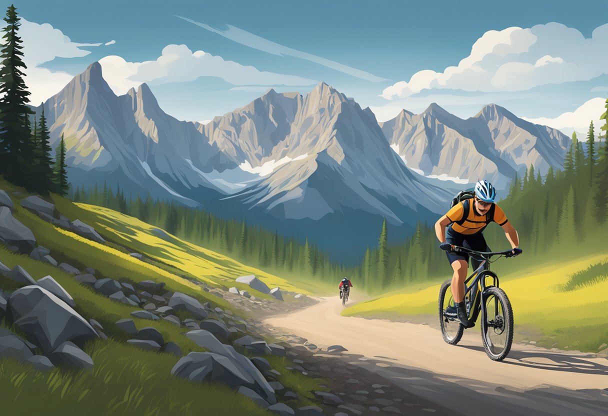 A mountain biker races down a rugged trail, surrounded by towering peaks and lush forests in Banff National Park