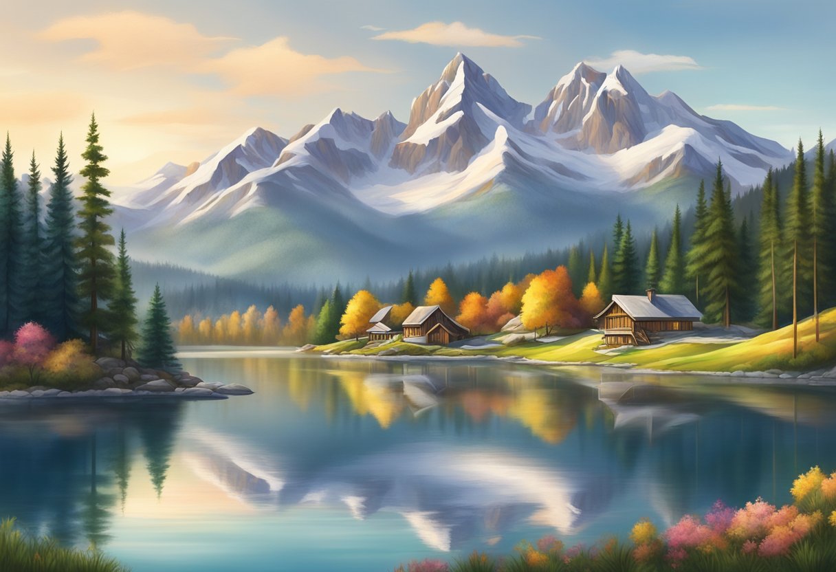 A mountainous landscape with a backdrop of snow-capped peaks and a serene lake, surrounded by evergreen trees and a quaint village nestled in the valley